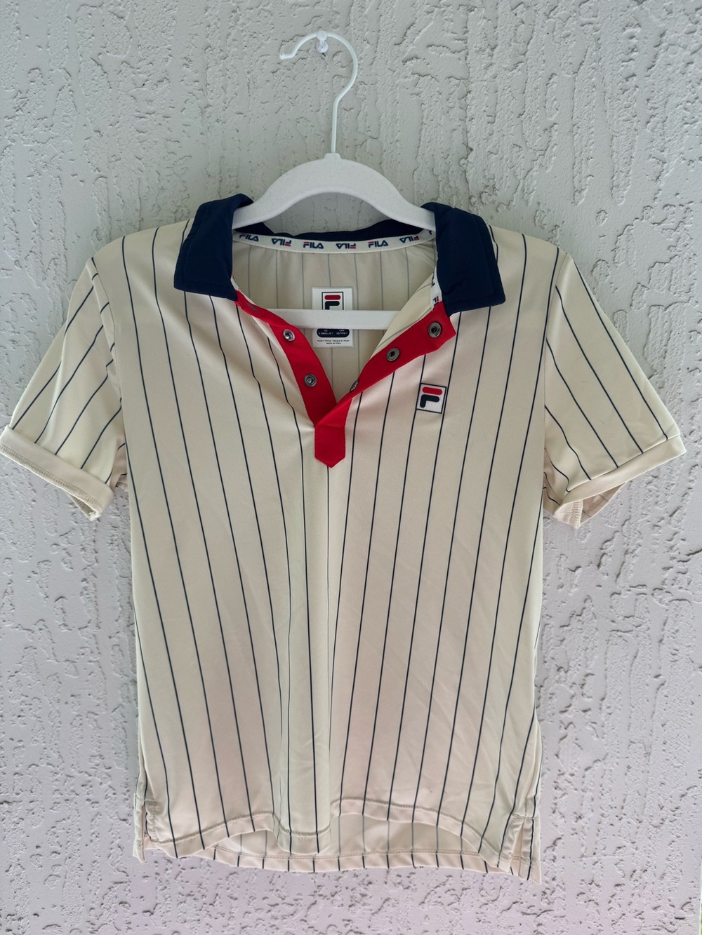 Pre-loved Fila Cream Pinstripe Polo with Navy Collar and Red Placket